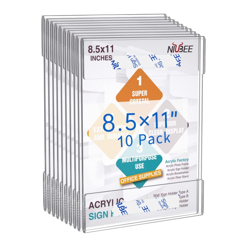 Niubee 8.5x11 inch Wall Mount Acrylic Sign Holder with Double Sided Adhesive Tape For Office, Home, Store, Restaurant-No Drilling (10 Pack) - Image 1