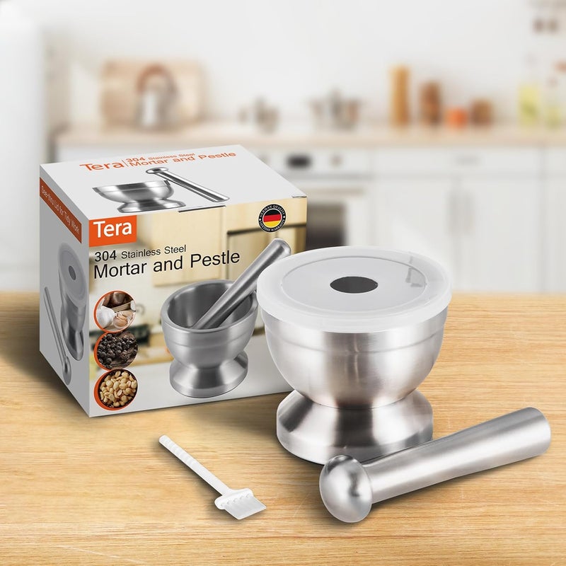 Tera 18/8 Stainless Steel Mortar and Pestle with Brush,Pill Crusher,Spice Grinder,Herb Bowl,Pesto Powder - Image 4