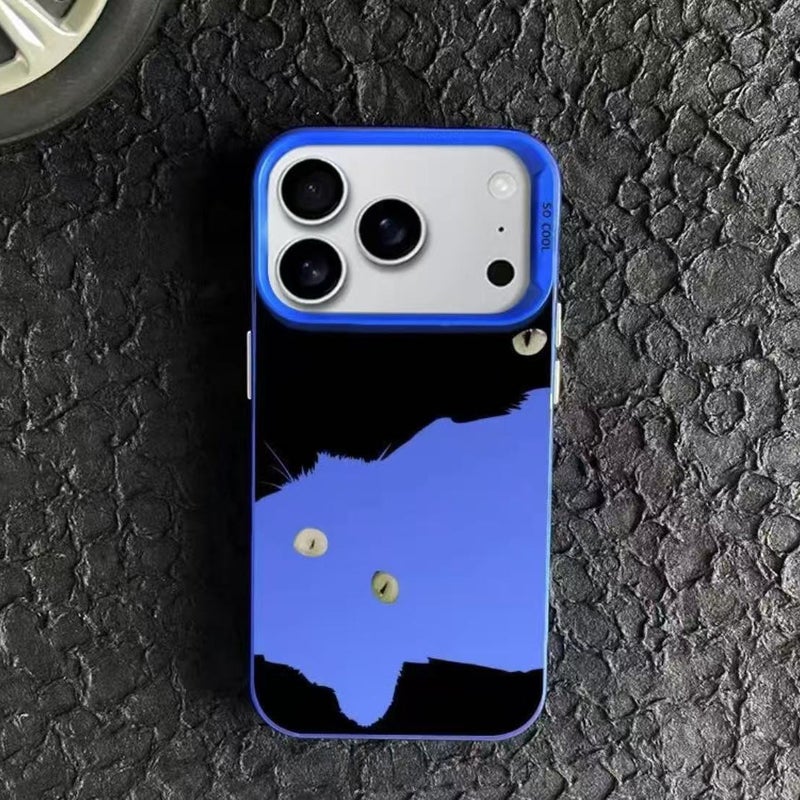 Apple iPhone 17 Pro phone case with a black and white cat design in blue cartoon style, providing a shockproof protective case