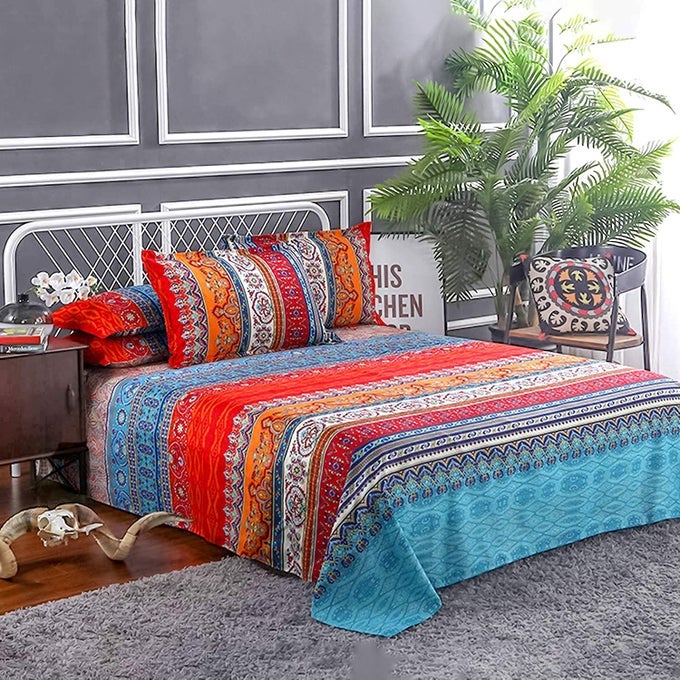 BOHO SHEETS SET 4 PCS BOHO KING SIZE COLORFUL TRIBAL STRIPED BED SHEETS 14 DEEP POCKET ETHNIC FITTED SHEET BOHEMIAN FLAT SHEETS 2 PILLOWCASES