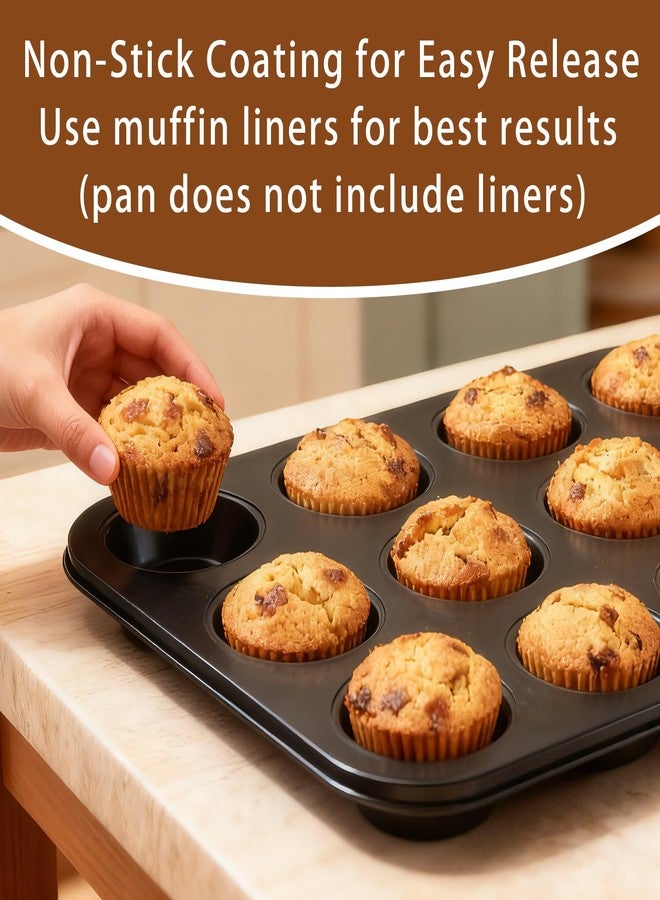 Piszvbej 2 Pack Muffin Pans for Baking, Large Muffin Pan 12 Cup, Premium Steel with Nonstick Coating, Easy to Clean, Durable Bakeware for Even Baking, Perfect for Muffins and Cupcake, Black - Image 4