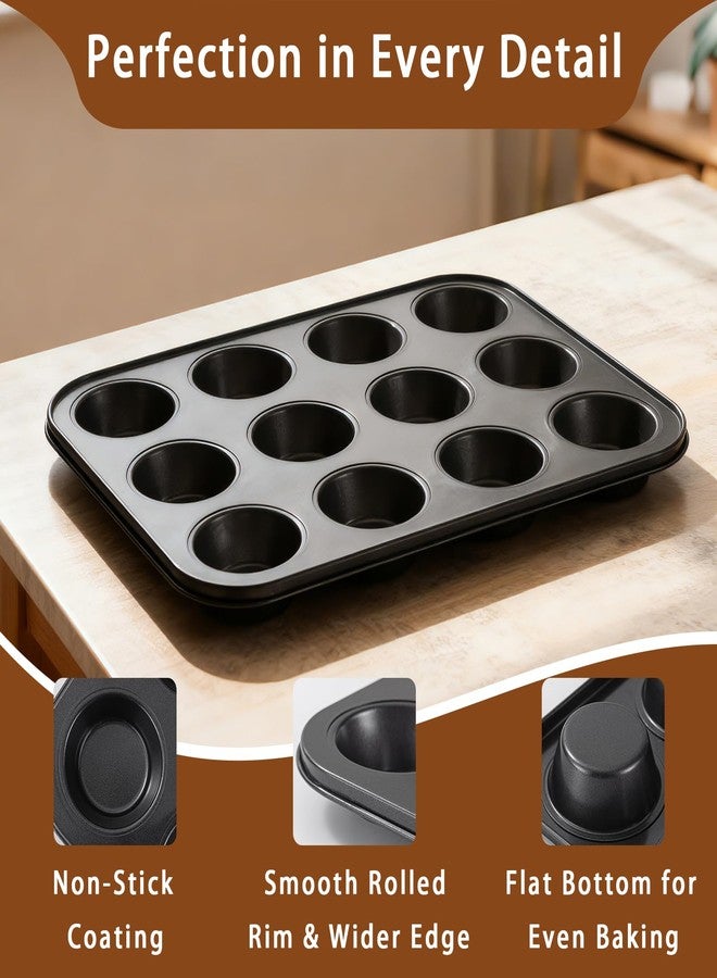 Piszvbej 2 Pack Muffin Pans for Baking, Large Muffin Pan 12 Cup, Premium Steel with Nonstick Coating, Easy to Clean, Durable Bakeware for Even Baking, Perfect for Muffins and Cupcake, Black - Image 3