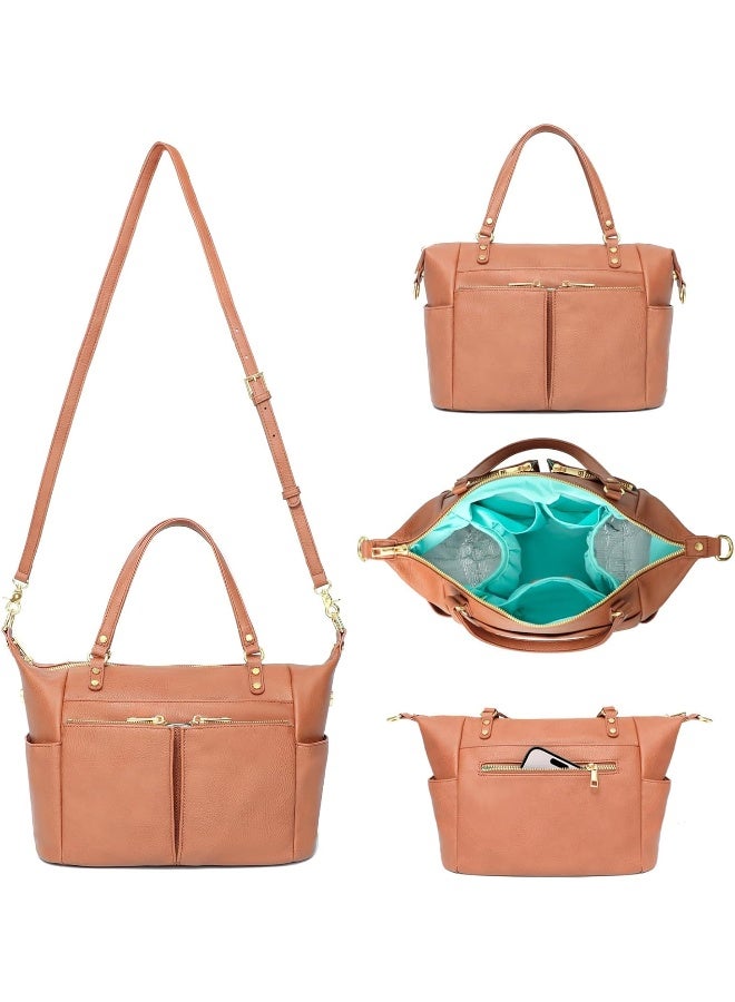 MOMINSIDE Small Diaper Bag Tote, Mini Diaper Bag Purse with 13 Pockets, Leather Crossbody Diaper Bag, Diaper Clutch Diaper Bag Organizers, Travel Baby Bag for Women Girls, 2 Insulated Pockets, Brown - Image 1