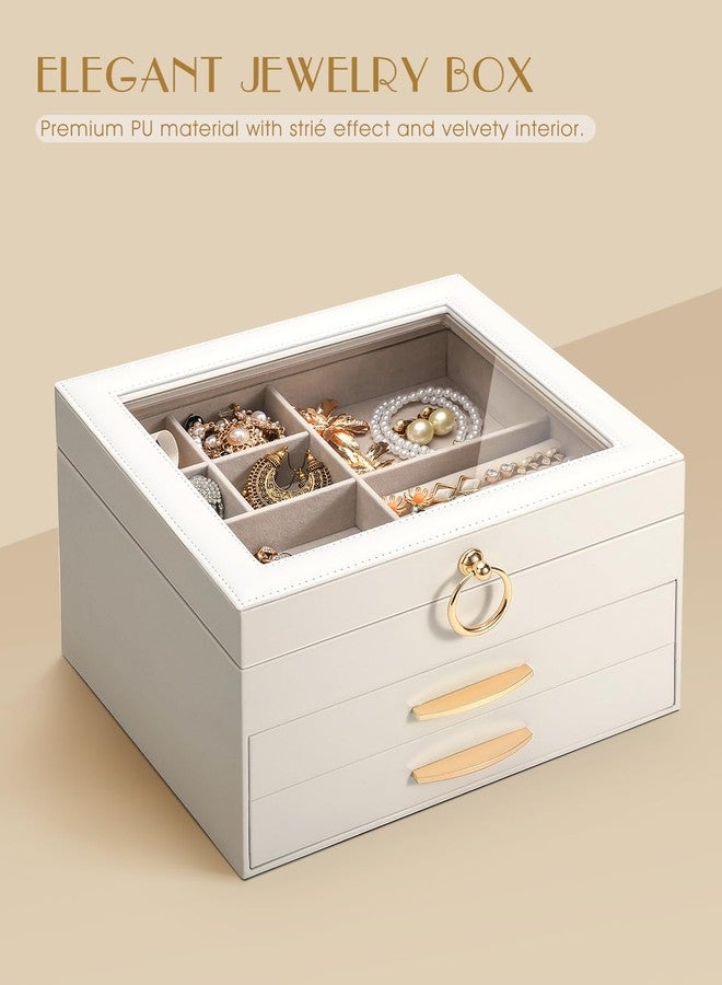 SOLEDI Christmas Gift, Jewelry Box for Women, Elegant Jewelry Organizers and Storage, 3-Layer, 2 Drawers with Glass Lid, 10.2×8.7×6 inches, Jewelry Storag, White - Image 3