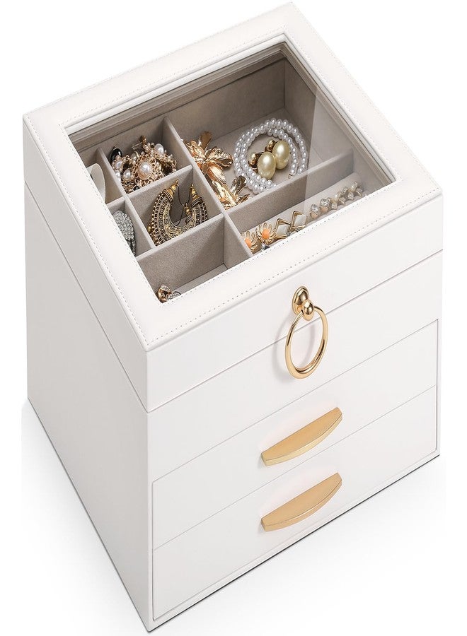 SOLEDI Christmas Gift, Jewelry Box for Women, Elegant Jewelry Organizers and Storage, 3-Layer, 2 Drawers with Glass Lid, 10.2×8.7×6 inches, Jewelry Storag, White - Image 1