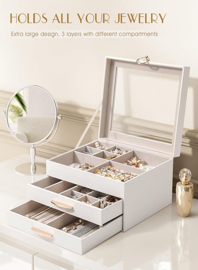 SOLEDI Christmas Gift, Jewelry Box for Women, Elegant Jewelry Organizers and Storage, 3-Layer, 2 Drawers with Glass Lid, 10.2×8.7×6 inches, Jewelry Storag, White - Image 2
