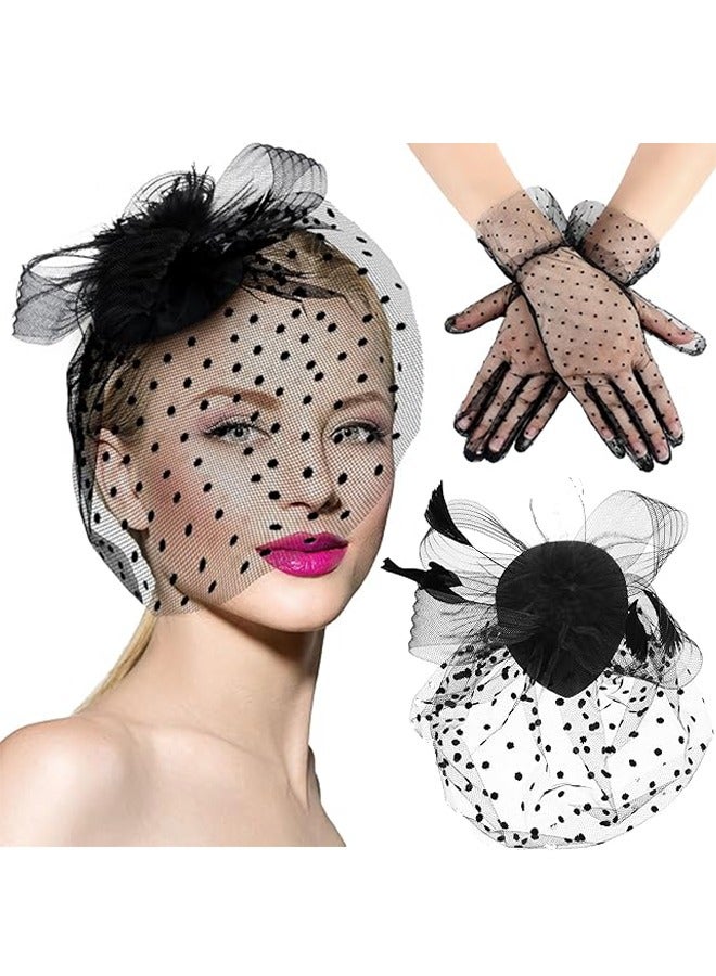 HY 1950s Vintage Fascinator Hat, Faux Feather Mesh Net Hat Tea Party Headwear with Veil and Women Short Lace Gloves, Costume Accessories for Girls and Women Wedding (Black) - Image 1
