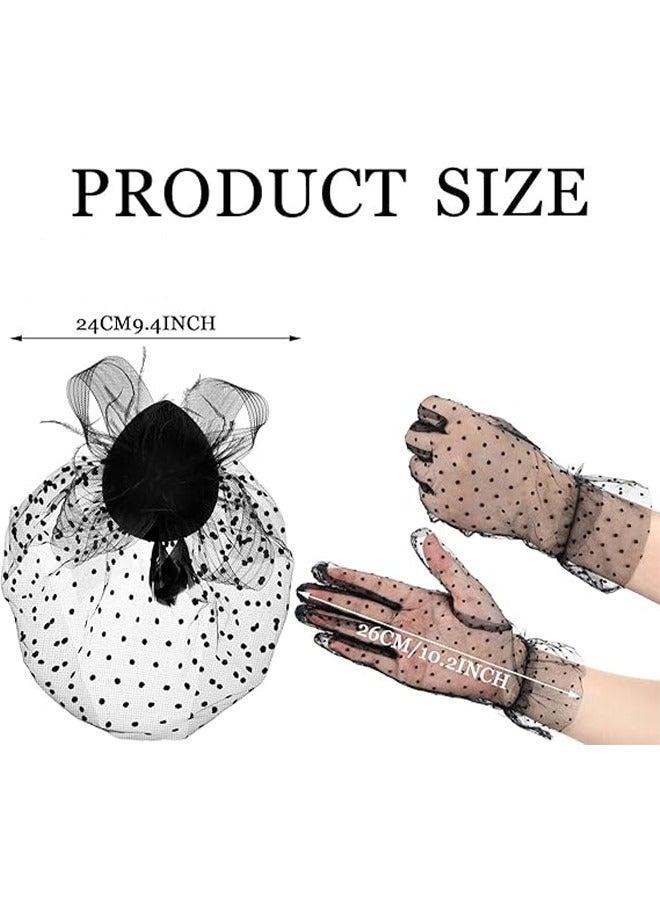 HY 1950s Vintage Fascinator Hat, Faux Feather Mesh Net Hat Tea Party Headwear with Veil and Women Short Lace Gloves, Costume Accessories for Girls and Women Wedding (Black) - Image 2