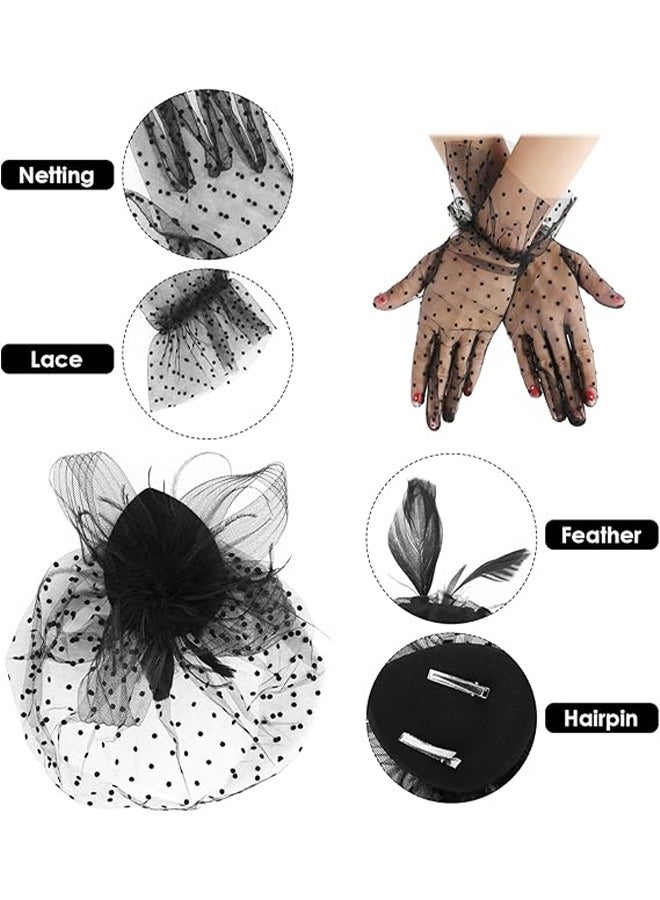 HY 1950s Vintage Fascinator Hat, Faux Feather Mesh Net Hat Tea Party Headwear with Veil and Women Short Lace Gloves, Costume Accessories for Girls and Women Wedding (Black) - Image 3