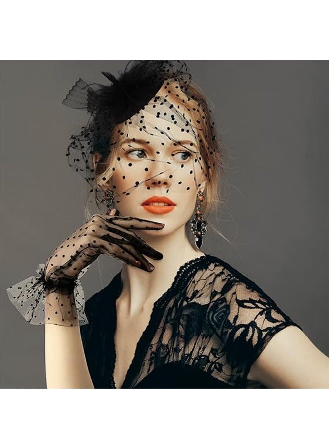 HY 1950s Vintage Fascinator Hat, Faux Feather Mesh Net Hat Tea Party Headwear with Veil and Women Short Lace Gloves, Costume Accessories for Girls and Women Wedding (Black) - Image 4