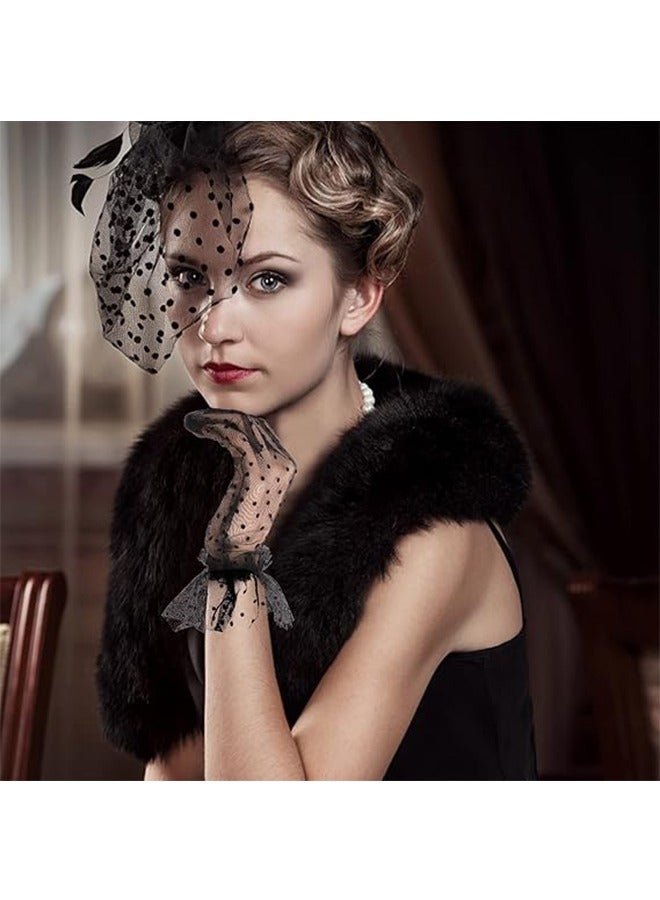 HY 1950s Vintage Fascinator Hat, Faux Feather Mesh Net Hat Tea Party Headwear with Veil and Women Short Lace Gloves, Costume Accessories for Girls and Women Wedding (Black) - Image 5