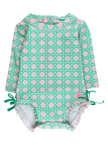 RuffleButts Baby Girls UPF 50 Sun Protection Novelty Print Long Sleeve One Piece Rash Guard Swimsuit with Zipper Pink Coastal Cane 1218m - Image 1