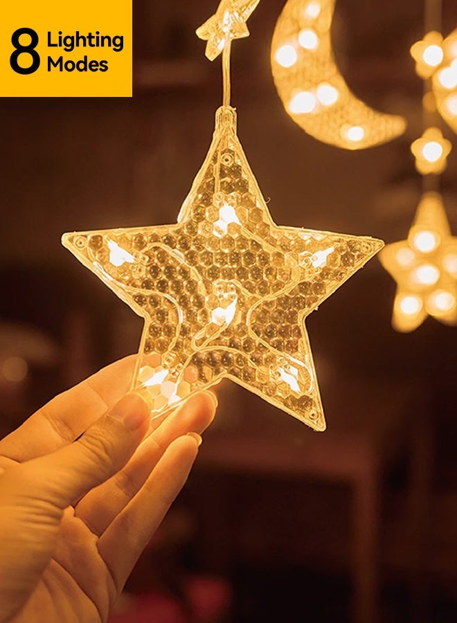 Tersely Ramadan Diwali Decorations Lights, Solar 12 Drops Star Moon Curtain Ramadan Lights 8 Lighting Modes Waterproof Window Curtain Fairy Lights for Home Party Outdoor - Warm White - Image 3