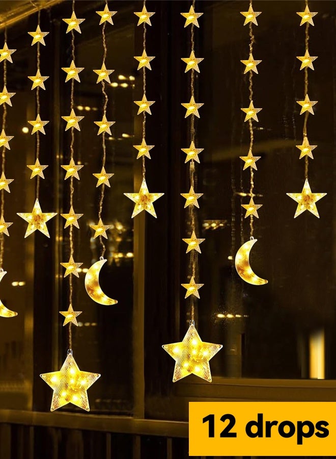 Tersely Ramadan Diwali Decorations Lights, Solar 12 Drops Star Moon Curtain Ramadan Lights 8 Lighting Modes Waterproof Window Curtain Fairy Lights for Home Party Outdoor - Warm White - Image 5