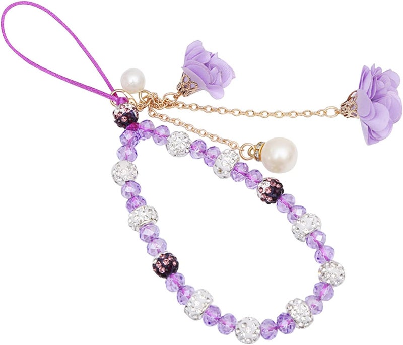 Omorro Cell Phone Straps Phone Chain Strap Crystal Flower Pendant Keychains Beaded Phone Strap Lanyard Beads Chain Anti-Lost and Non-Slip Mobile Phone Strap for Handbag Decoration Accessories Purple - Image 1