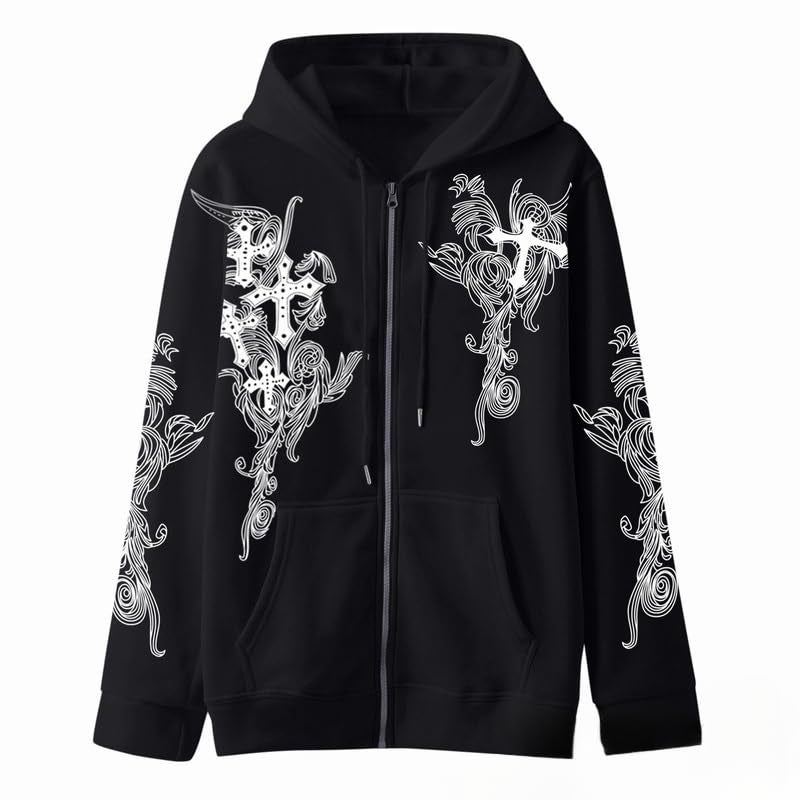 Obenie Women Men Y2K Zip Up Oversized Hoodie Gothic cross Graphic Emo Grunge Baggy Fleece Jacket 90s Punk Streetwear (black,M,Medium) - Image 1