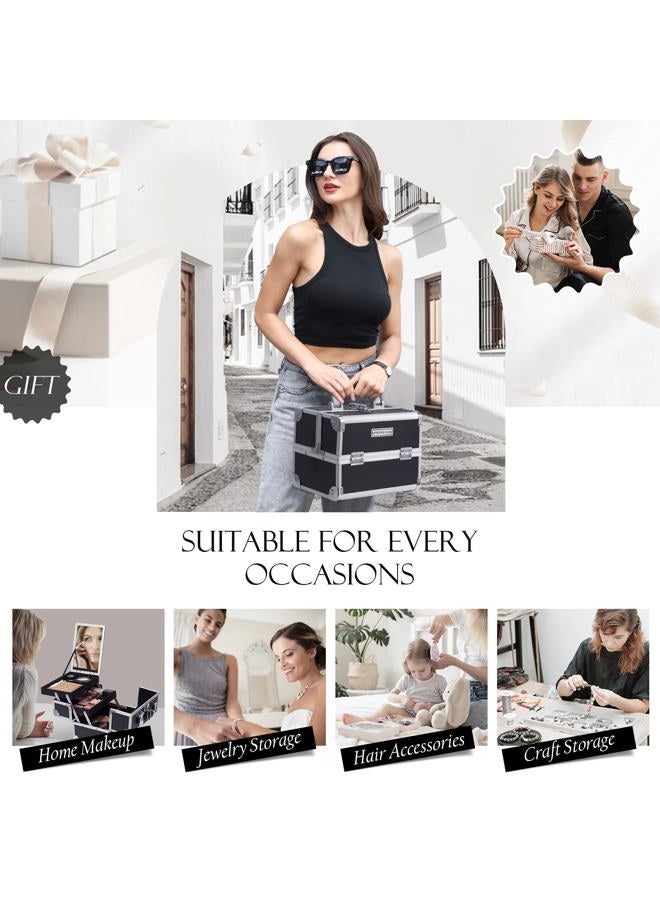 FRENESSA حقيبة مكياج قابلة للنقل مع مرآة 2 درج قابلة للقفل لحقيبة تخزين المكياج للفنانين، مجموعات الأظافر، أدوات المكياج حقيبة مكياج حديثة سوداء - Image 3