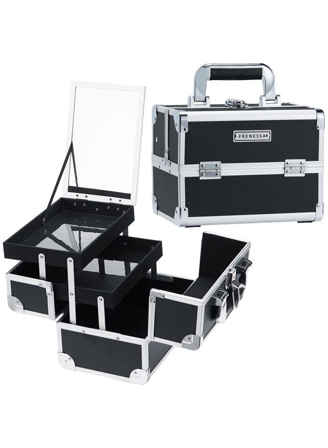 FRENESSA حقيبة مكياج قابلة للنقل مع مرآة 2 درج قابلة للقفل لحقيبة تخزين المكياج للفنانين، مجموعات الأظافر، أدوات المكياج حقيبة مكياج حديثة سوداء - Image 1