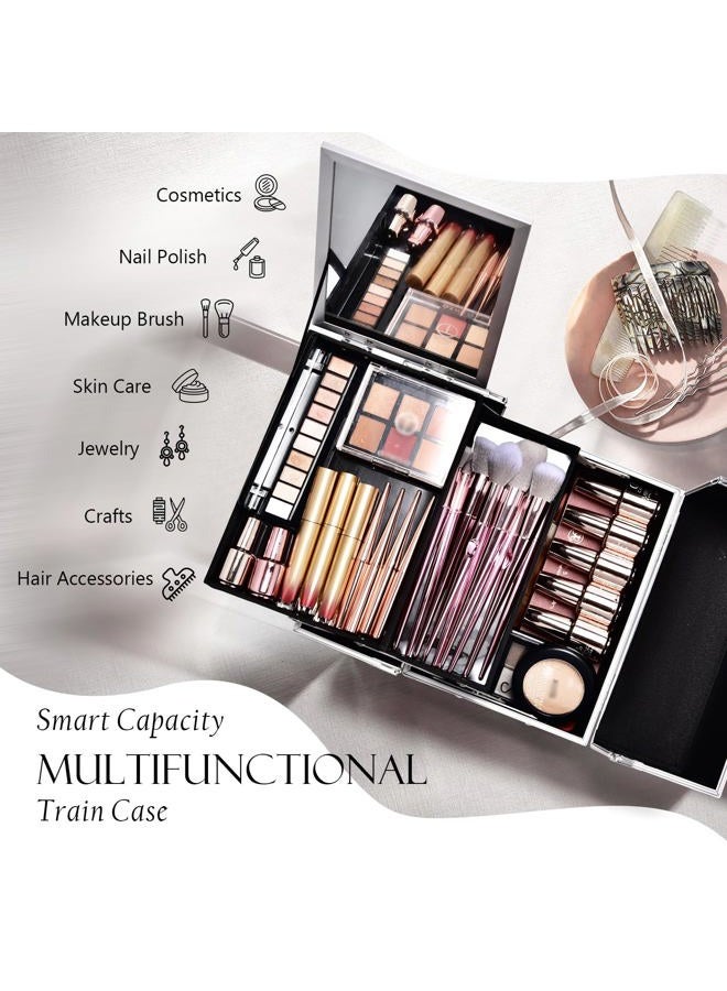 FRENESSA حقيبة مكياج قابلة للنقل مع مرآة 2 درج قابلة للقفل لحقيبة تخزين المكياج للفنانين، مجموعات الأظافر، أدوات المكياج حقيبة مكياج حديثة سوداء - Image 2