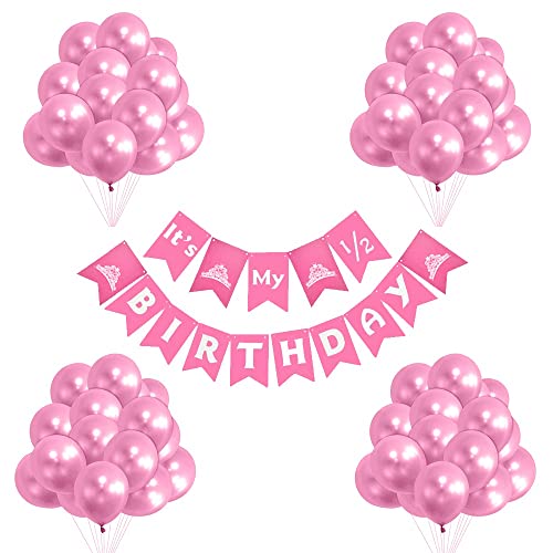 Pop the Party Half Baby Girl Pink Decoration Kit with Latex Balloon and Its My Half Birthday Decoration - Image 1