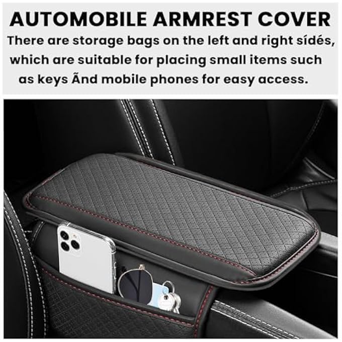 Car Center Console Cover Leather Vehicle Armrest Cushion With 2 Storage Bags Automotive Interior Arm Rest Seat Box Pad Accessories Universal For Suv Sedan Truck Black - Image 2