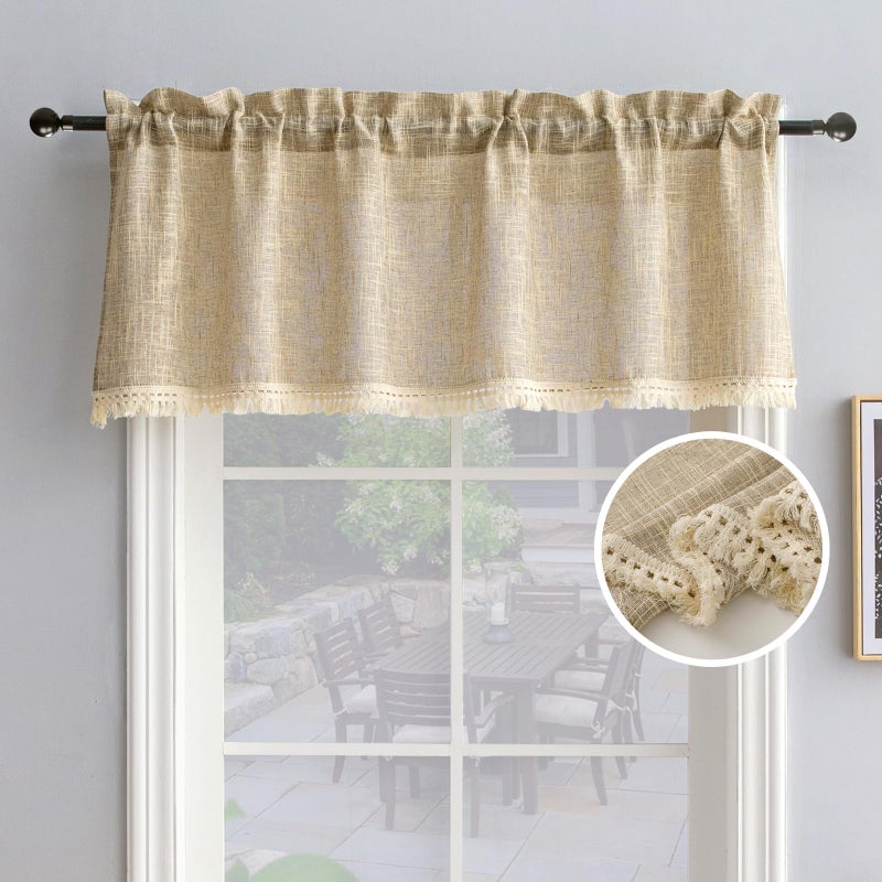 BD BEDA HOME Beda Home Tassel Linen Textured Swag Curtain Valance for Farmhouses Kitchen Rustic Short Swag Topper for Small Windows Bedroom Privacy Added Rod Pocket DesignTaupe 52Wx18L  1PC 