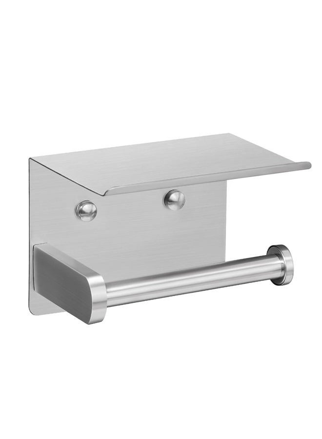VAEHOLD Self Adhesive Toilet Paper Holder with Phone Shelf SUS304 Stainless Steel Wall Mounted Toilet Paper Roll Holder - Rustproof and Bathroom Washroom Tissue Roll Holder with Storage Shelf - Silver - Image 1