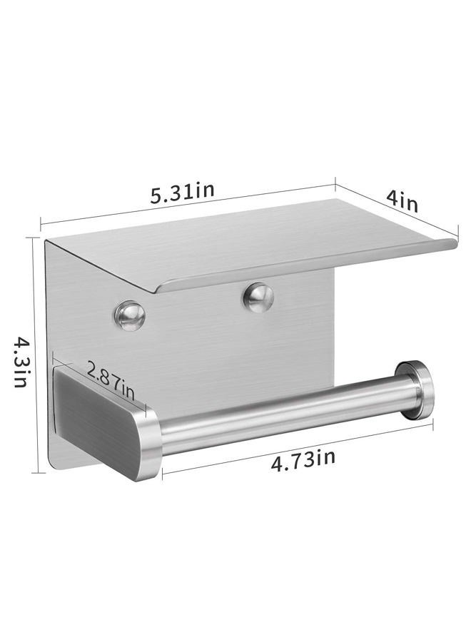 VAEHOLD Self Adhesive Toilet Paper Holder with Phone Shelf SUS304 Stainless Steel Wall Mounted Toilet Paper Roll Holder - Rustproof and Bathroom Washroom Tissue Roll Holder with Storage Shelf - Silver - Image 5