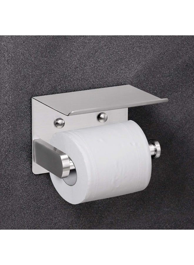 VAEHOLD Self Adhesive Toilet Paper Holder with Phone Shelf SUS304 Stainless Steel Wall Mounted Toilet Paper Roll Holder - Rustproof and Bathroom Washroom Tissue Roll Holder with Storage Shelf - Silver - Image 4