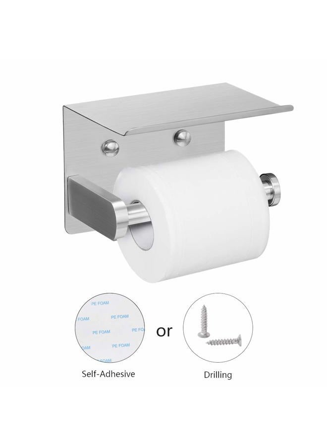 VAEHOLD Self Adhesive Toilet Paper Holder with Phone Shelf SUS304 Stainless Steel Wall Mounted Toilet Paper Roll Holder - Rustproof and Bathroom Washroom Tissue Roll Holder with Storage Shelf - Silver - Image 2