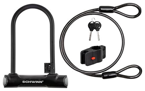 SCHWINN قفل دراجة شوان U مع كابل، 4 قدم × 10 مم كابل، أسود، قفل فولاذي مطلي بالفينيل، حامل للتخزين والنقل، حماية ضد السرقة، قفل دراجة للأمان - Image 1