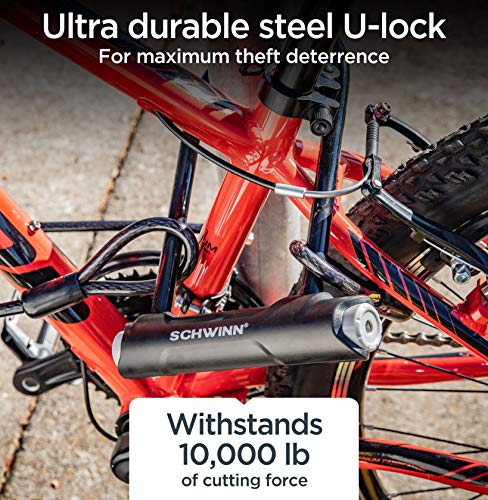 SCHWINN قفل دراجة شوان U مع كابل، 4 قدم × 10 مم كابل، أسود، قفل فولاذي مطلي بالفينيل، حامل للتخزين والنقل، حماية ضد السرقة، قفل دراجة للأمان - Image 5