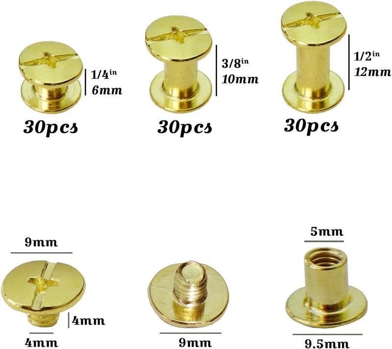 90 مجموعة براغي شيكاغو 3 أحجام 1/4 بوصة، 3/8 بوصة، 1/2 بوصة مسامير برشام مطلية بالنحاس الأصفر مسامير تجليد الكتب براغي ربط برشام شيكاغو زر برشام براغي حزام براغي ألبومات صور جلدية براغي برأس فيليبس، ذهبي - Image 2