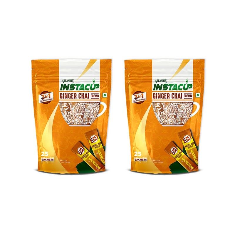 ATLANTIS Instacup Ginger Tea Premix, Pack of 2, 50 Sachets, Instant Tea, Just add hot water - Image 1