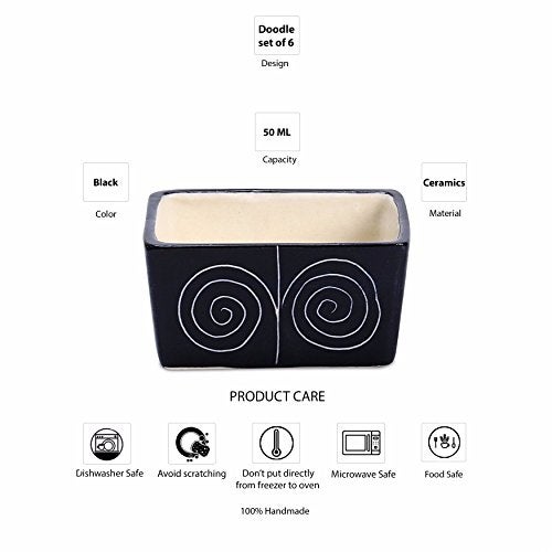 Caffeine Ceramic StonewearHandmade Black Doodle Dip and Sauce (Set of 6, 40 ml) (Microwave & Dishwasher Safe) - Image 5