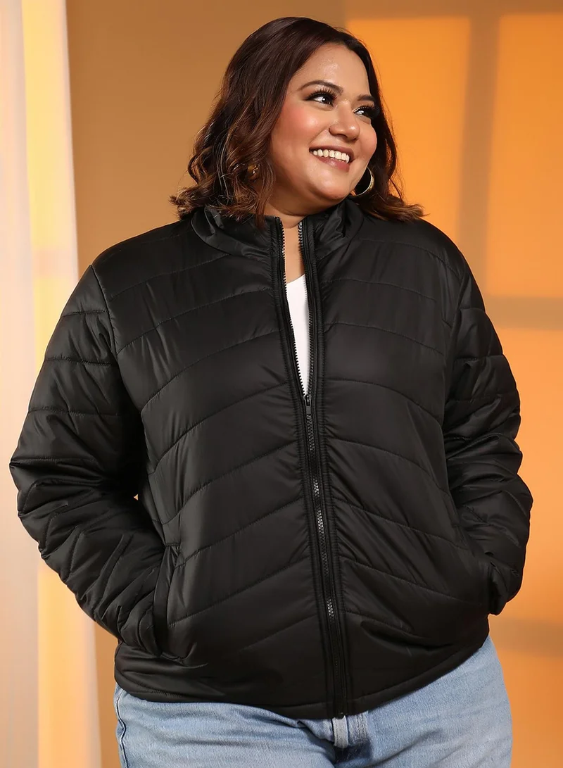 Instafab Plus Women's Onyx Black Chevron Quilted Jacket