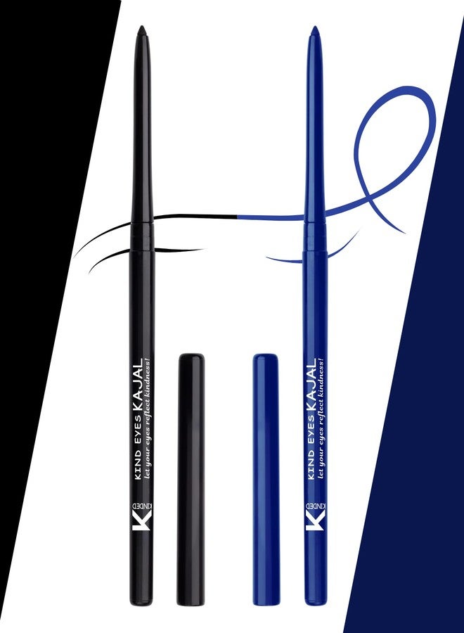 KINDED Kind Eyes Kajal 3 in 1 Kohl Kajal Eye Liner Smokey Eye Shadow Waterproof Smudge Proof 18 Hours Colour One Stroke Auto Kajal Pencil (Combo 0.35 gm each, Boundless Black & Butterfly Blue) - Image 1