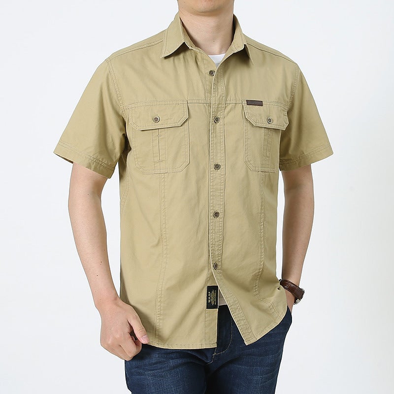 95 Cotton Mens Oxford Spinning Shirt Mens Short-sleeved Summer Thin Clothes Tactical Military Fan Workwear Casual Shirt Mens Turmeric  - Image 2