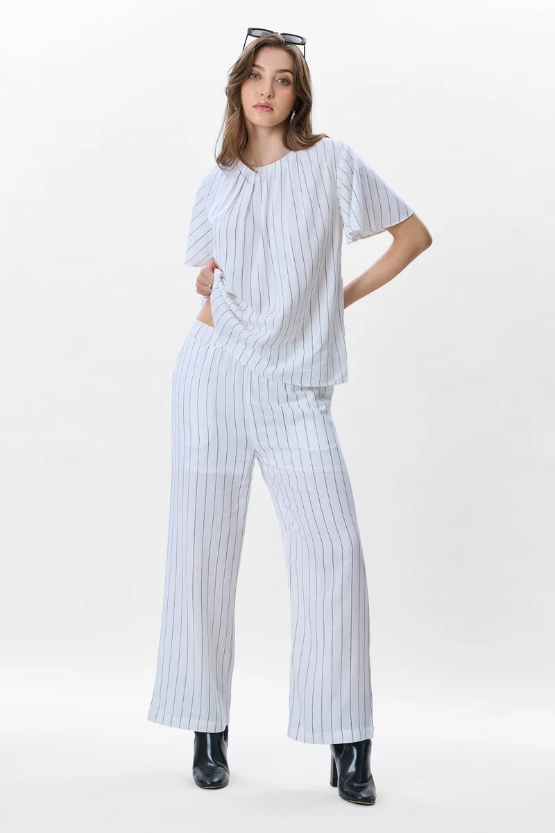 فيرجيو Stripes Linen Striped Bell Sleeve Co-Ord for Women