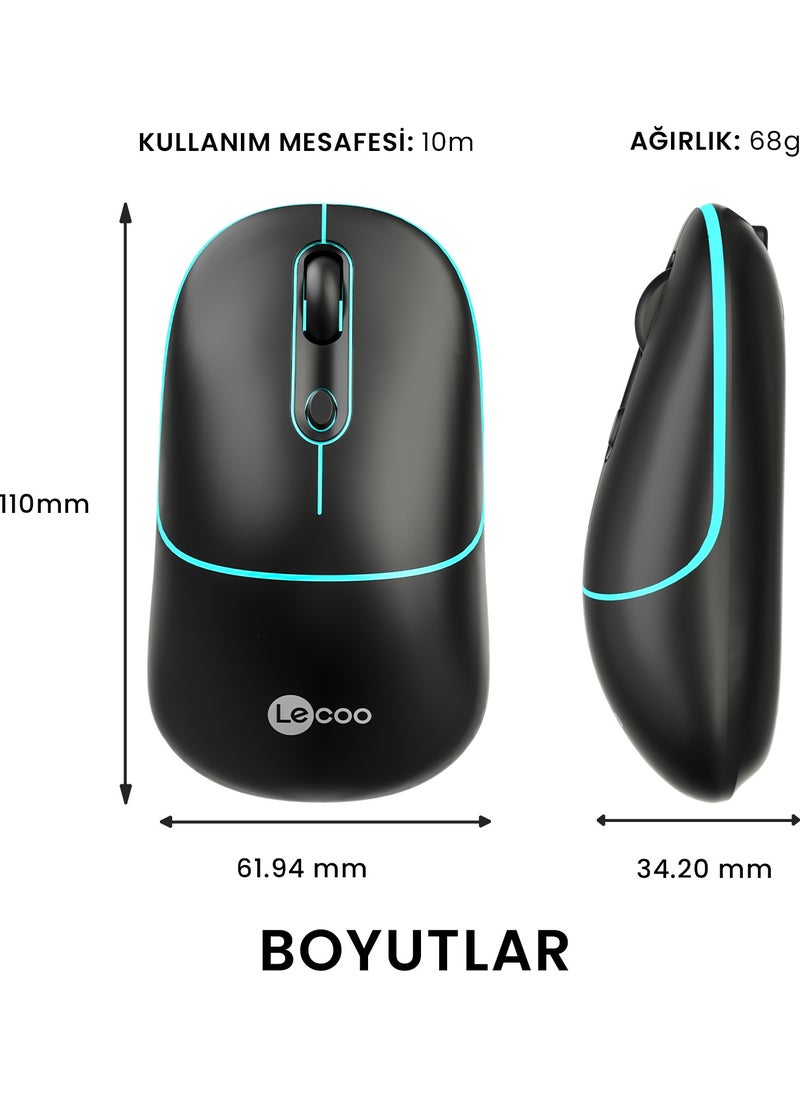 lecoo - WS210 Dual Mode RGB 2.4GHz WiFi + Bluetooth 1600DPI 6 Key Rechargeable Silent Compact Wireless Optical Mouse Black - Image 1