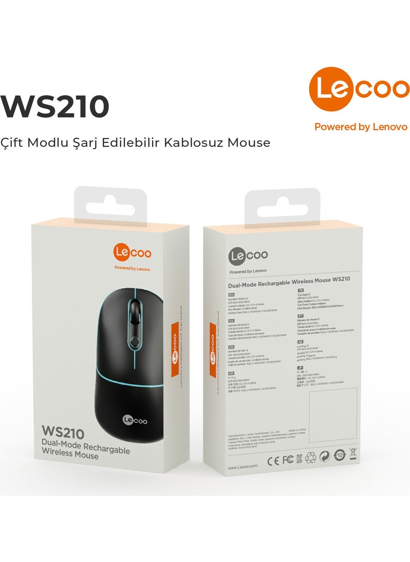 lecoo - WS210 Dual Mode RGB 2.4GHz WiFi + Bluetooth 1600DPI 6 Key Rechargeable Silent Compact Wireless Optical Mouse Black - Image 1