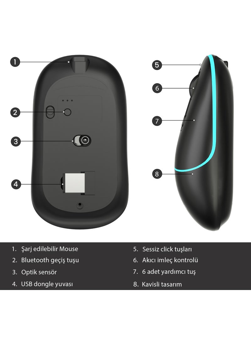 lecoo - WS210 Dual Mode RGB 2.4GHz WiFi + Bluetooth 1600DPI 6 Key Rechargeable Silent Compact Wireless Optical Mouse Black - Image 1
