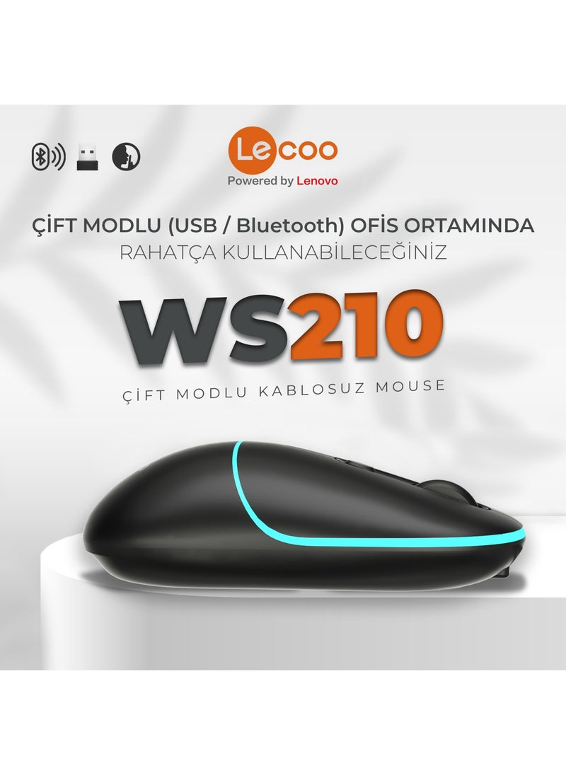 lecoo - WS210 Dual Mode RGB 2.4GHz WiFi + Bluetooth 1600DPI 6 Key Rechargeable Silent Compact Wireless Optical Mouse Black - Image 1