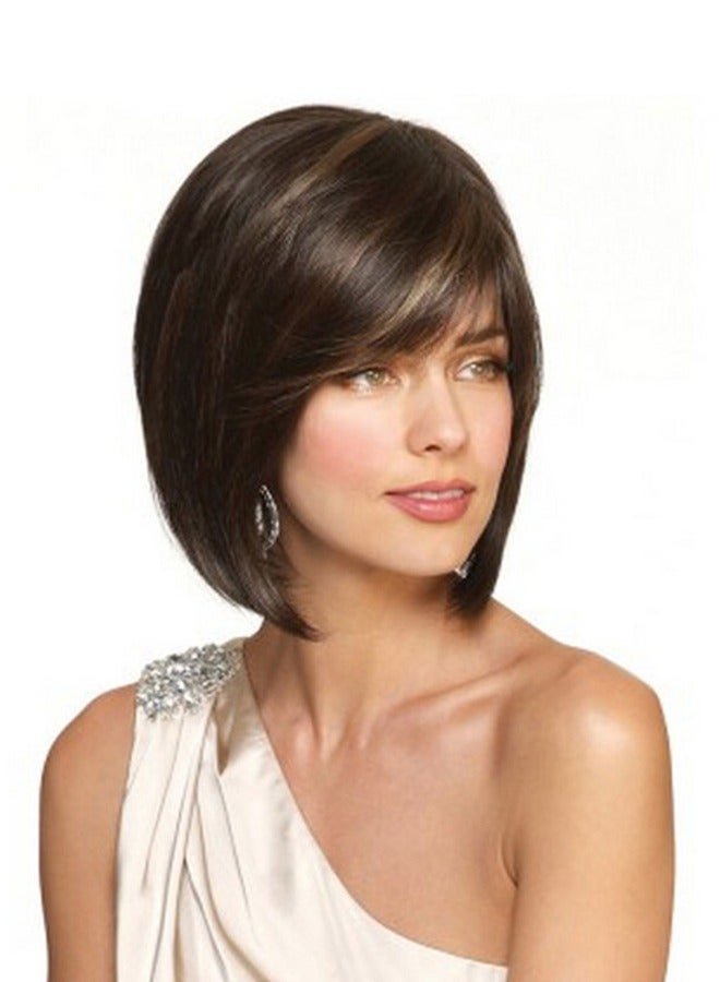 Generic Women's Brown Mixed Black Straight Medium Hair Synthetic Wig For Women With Bangs Cosplay Daily Wear Nutural Wigs  - Image 1