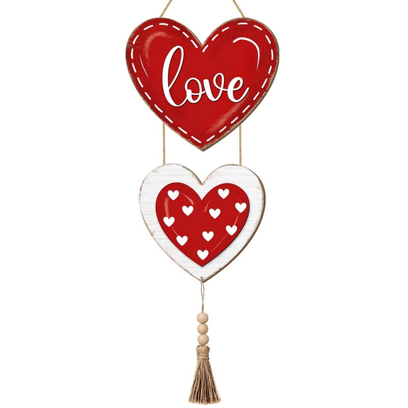 Sionoiur Valentines Day Heart Door Sign Decorations, Love Red Heart Wooden Hanging Signs, Happy Valentines Day Wreath Home Decor for Front Door, 2 Hearts Wood Wall Hanger Rustic Sign with Tassel - Image 1