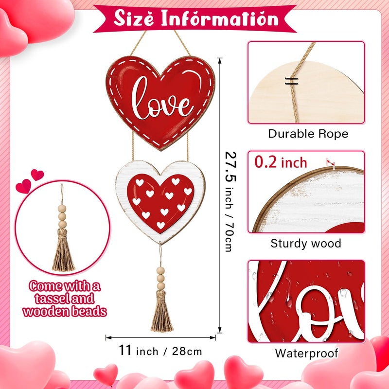 Sionoiur Valentines Day Heart Door Sign Decorations, Love Red Heart Wooden Hanging Signs, Happy Valentines Day Wreath Home Decor for Front Door, 2 Hearts Wood Wall Hanger Rustic Sign with Tassel - Image 2