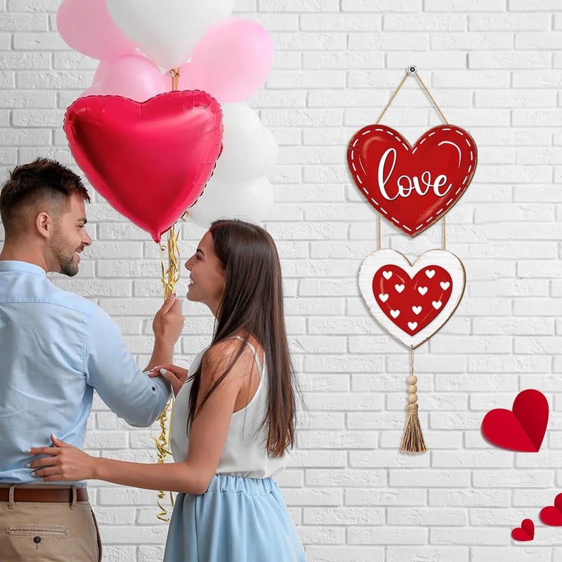 Sionoiur Valentines Day Heart Door Sign Decorations, Love Red Heart Wooden Hanging Signs, Happy Valentines Day Wreath Home Decor for Front Door, 2 Hearts Wood Wall Hanger Rustic Sign with Tassel - Image 5