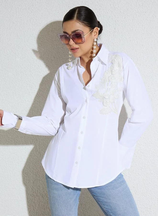 SASSAFRAS White Embellished Lace Patch Slim Fit Shirt