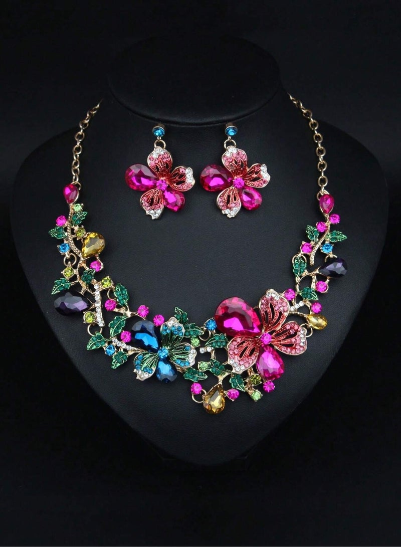 Women's Necklace and Earrings Set with Colorful Flower Gemstone Design – A striking and elegant two-piece set that makes a luxurious gift for lovers of unique jewelry. Perfect for weddings, engagements, Mother's Day gifts, and all special occasions. - Image 1