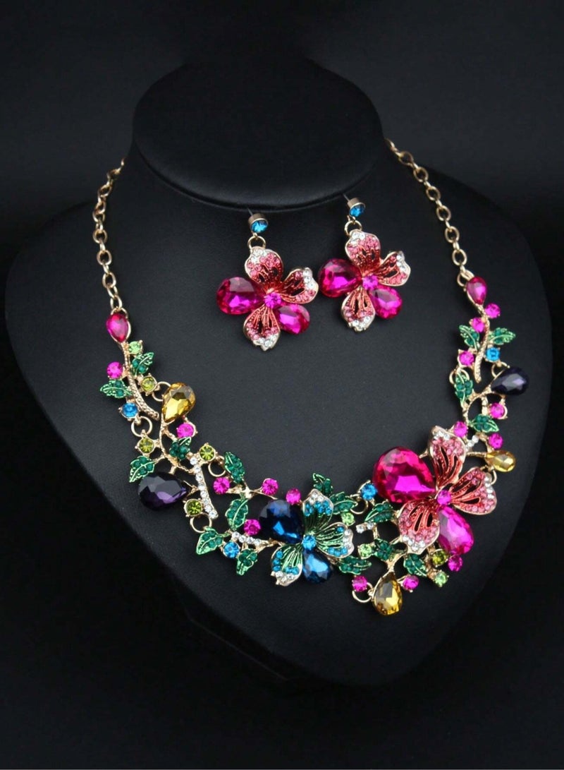 Women's Necklace and Earrings Set with Colorful Flower Gemstone Design – A striking and elegant two-piece set that makes a luxurious gift for lovers of unique jewelry. Perfect for weddings, engagements, Mother's Day gifts, and all special occasions. - Image 2